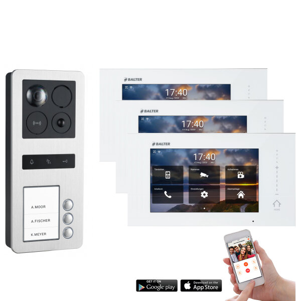 WLAN Video Türsprechanlage in Aufputzform  mit Smartphone App für 3 Familienhaus mit Bewegungsmelder, 3x Monitore, Balter ERA WLAN